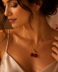 Anti Tarnish Cherry Pendant Necklace for Women | Cute Cherry Charm Gold Necklace