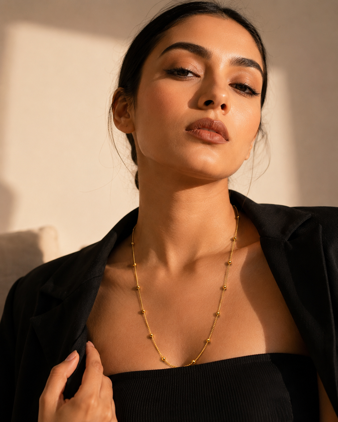 Gold Beaded Long Necklace for Women | Dainty Ball Chain Necklace | Minimalist Layering Jewellery