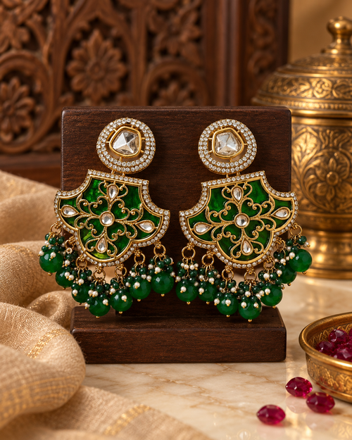 Premium Indian Statement Earrings for Women, Heavy-Look Lightweight Festive Earrings with Green Bead Detailing for Karwa Chauth, Diwali, Weddings & Functions