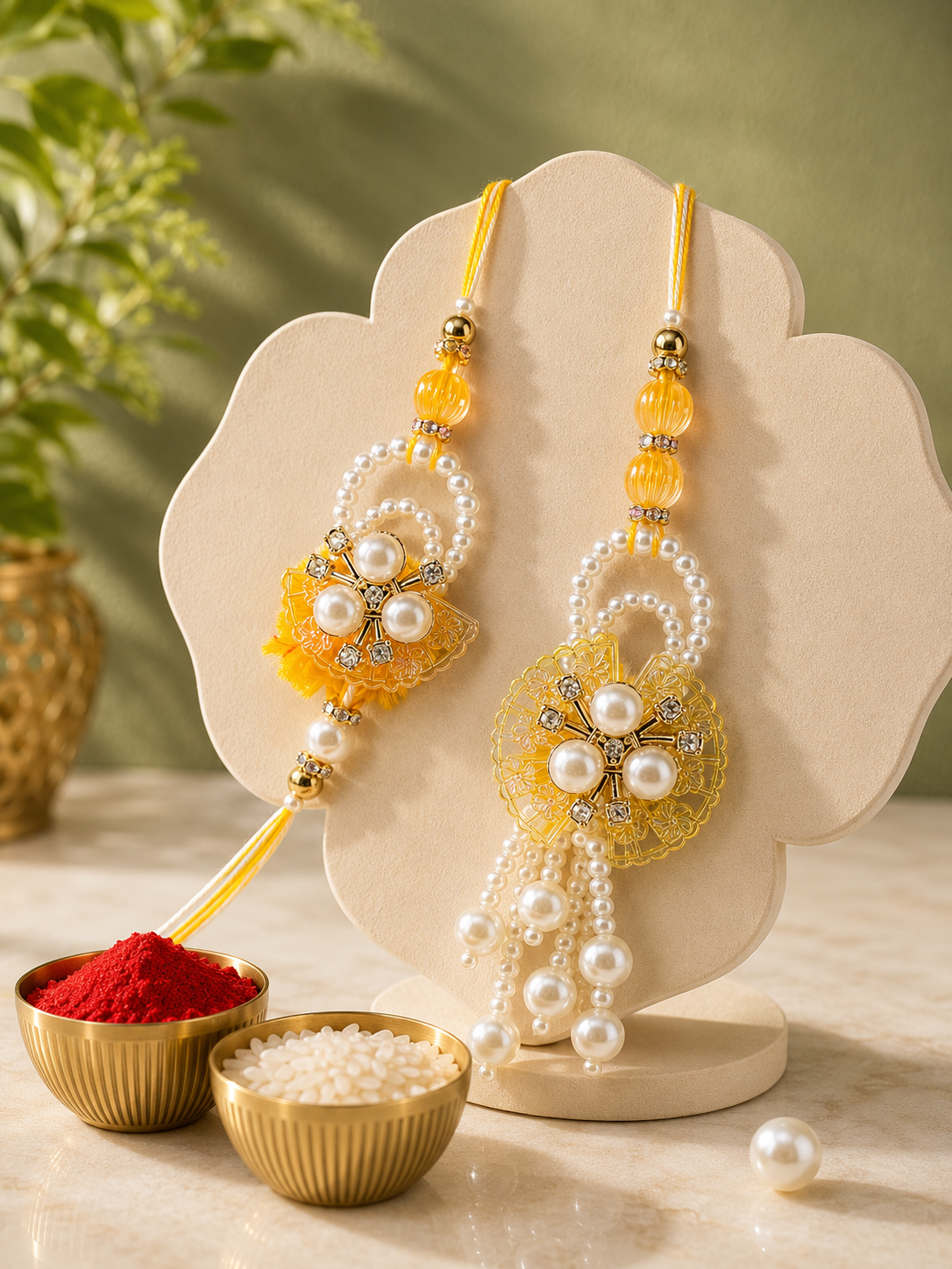 Handmade Bhaiya Bhabhi Rakhi Set with Roli Chawal | Designer Pearl Lumba Rakhi | Available in 6 Colours | Raksha Bandhan Gift