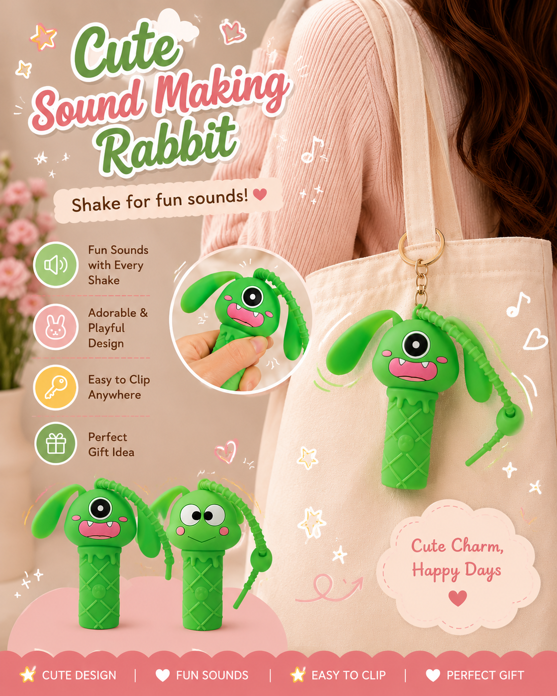 Cute Sound-Making Rabbit Keychain | Squeeze Toy Bunny Bag Charm | Fun Kawaii Keyring Accessory