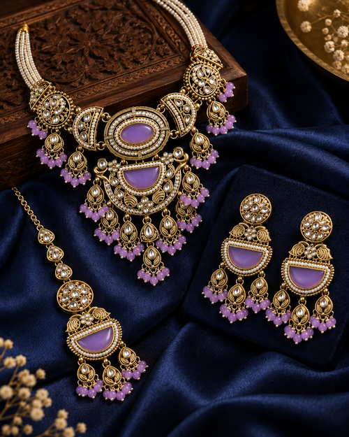 Premium Indian Lavender Necklace Set for Women with Earrings & Maang Tikka, Heavy-Look Lightweight Festive Jewellery Set for Karwa Chauth, Diwali, Weddings & Parties