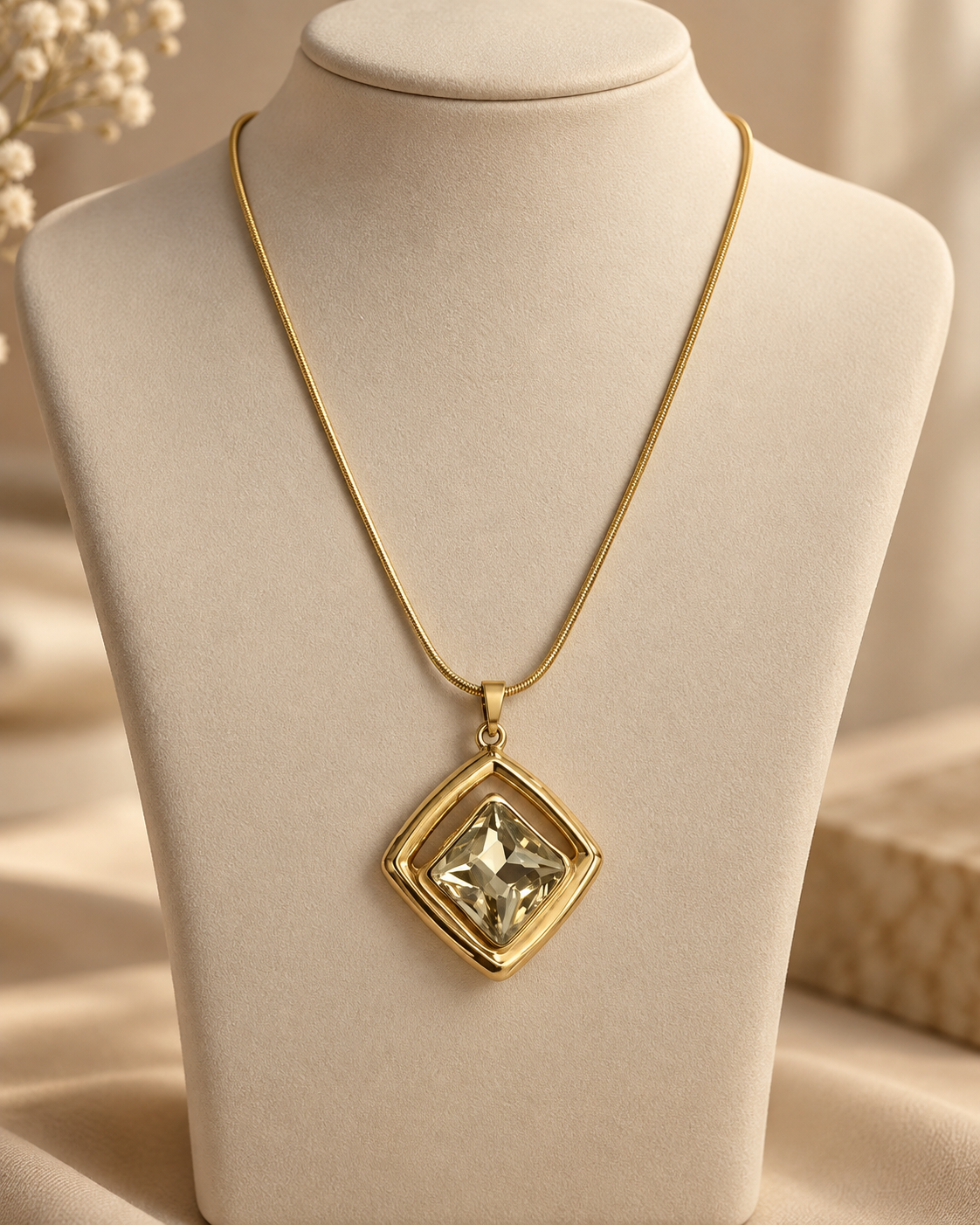 Golden Square Crystal Pendant Necklace for Women | Geometric Statement Necklace | Anti-Tarnish Jewellery