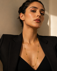 Gold Oval Bead Long Necklace for Women | Dainty Beaded Chain Necklace | Elegant Minimalist Jewellery