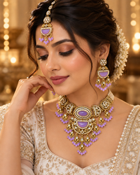 Premium Indian Lavender Necklace Set for Women with Earrings & Maang Tikka, Heavy-Look Lightweight Festive Jewellery Set for Karwa Chauth, Diwali, Weddings & Parties