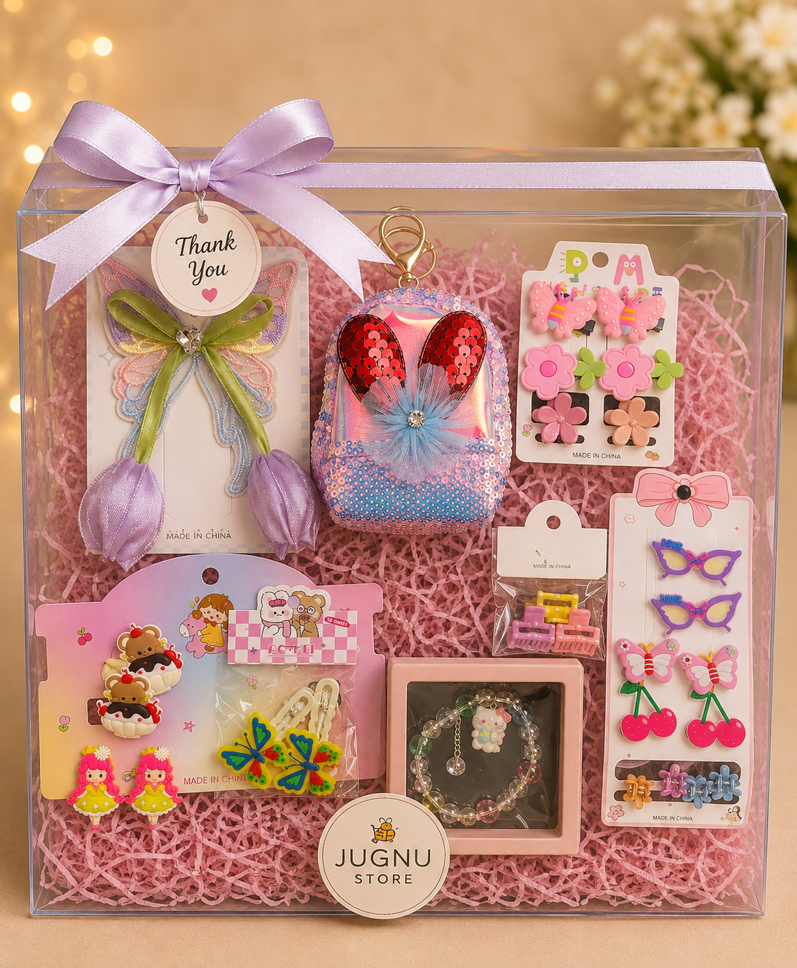 Jugnu Store Girls Accessories Gift Hamper with Bracelet, Hair Accessories & Coin Pouch Keychain