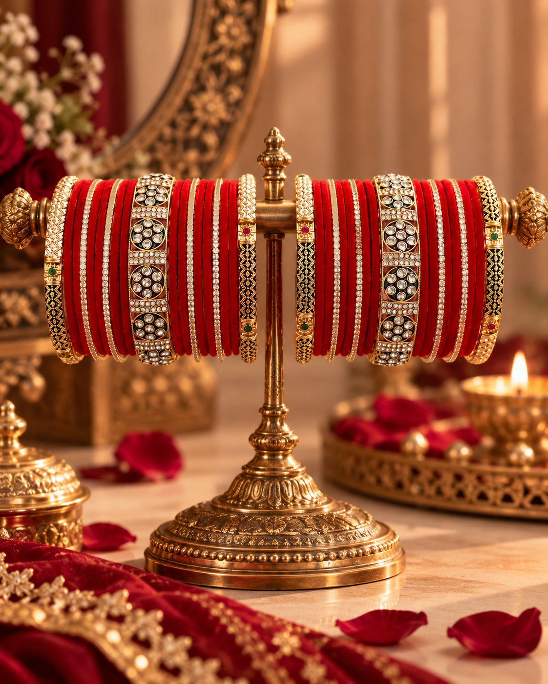 Red Bridal Bangle Set for Women, Designer Chooda Kangan with Stone Studded Gold Detailing, Traditional Wedding Jewellery for Festive Wear, Sizes 2.4 2.6 & 2.8