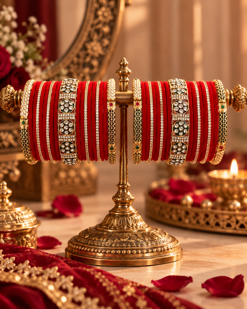 Red Bridal Bangle Set for Women, Designer Chooda Kangan with Stone Studded Gold Detailing, Traditional Wedding Jewellery for Festive Wear, Sizes 2.4 2.6 & 2.8