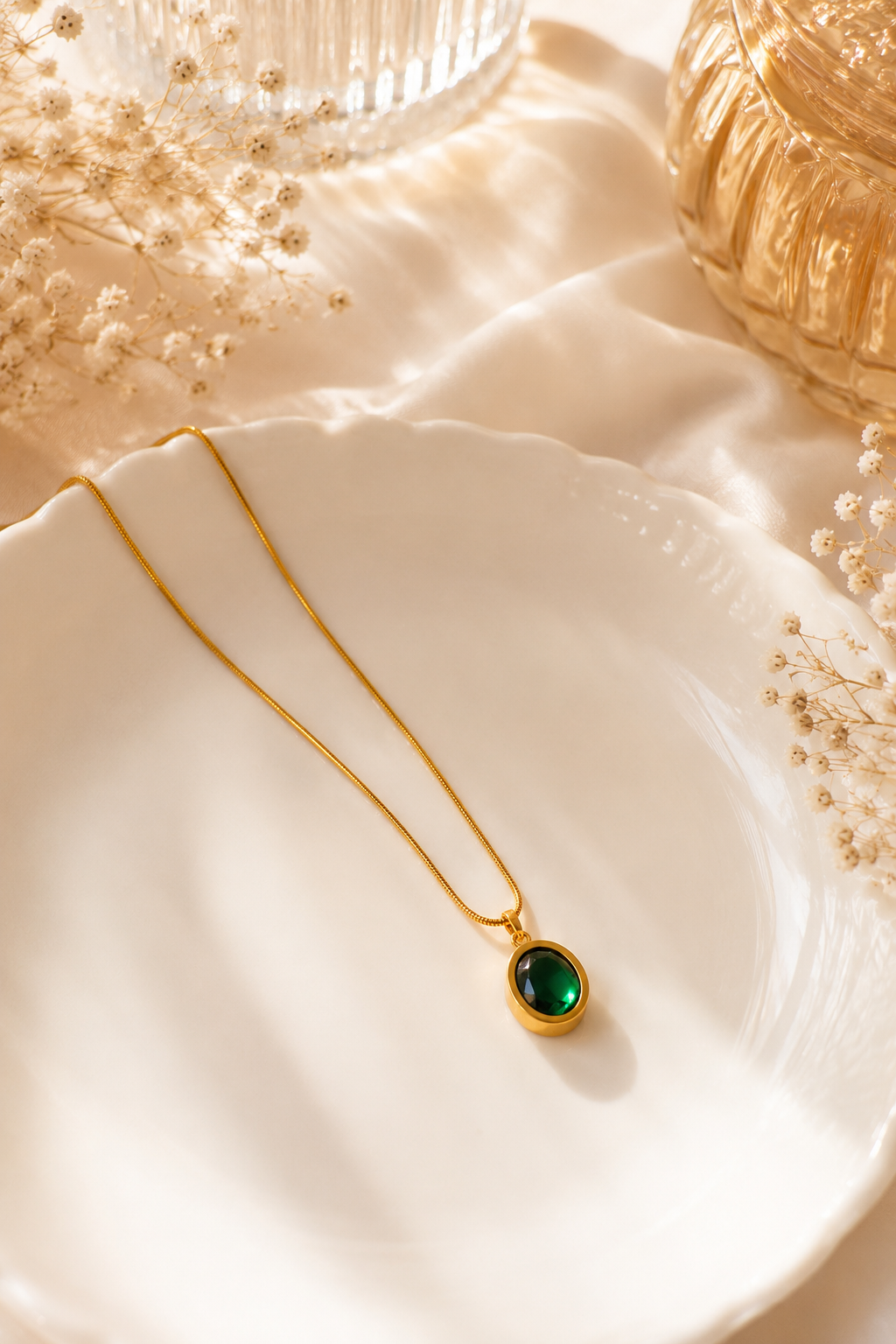 Anti Tarnish Emerald Oval Crystal Pendant Necklace | Minimal Gold Necklace for Women