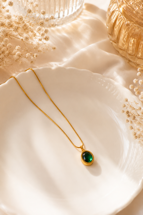 Anti Tarnish Emerald Oval Crystal Pendant Necklace | Minimal Gold Necklace for Women