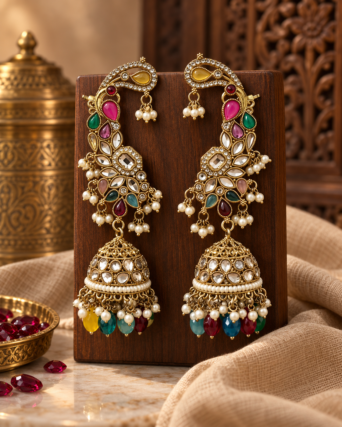 Premium Indian Ear Cuff Jhumka Earrings for Women, Heavy-Look Lightweight Festive Statement Earrings with Beads for Karwa Chauth, Diwali, Weddings & Functions