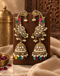 Premium Indian Ear Cuff Jhumka Earrings for Women, Heavy-Look Lightweight Festive Statement Earrings with Beads for Karwa Chauth, Diwali, Weddings & Functions