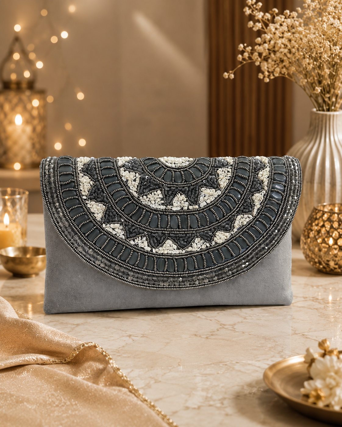 Grey Handcrafted Embellished Clutch Bag | Party & Wedding Clutch