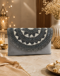 Grey Handcrafted Embellished Clutch Bag | Party & Wedding Clutch