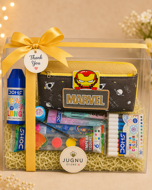 Kids Return Gift Hamper for Birthday & Party | Premium Pouch with DOMS Crayons, Sketch Pens, Water Colours & Pen Pencil Set | School Stationery Gift | Jugnu Store