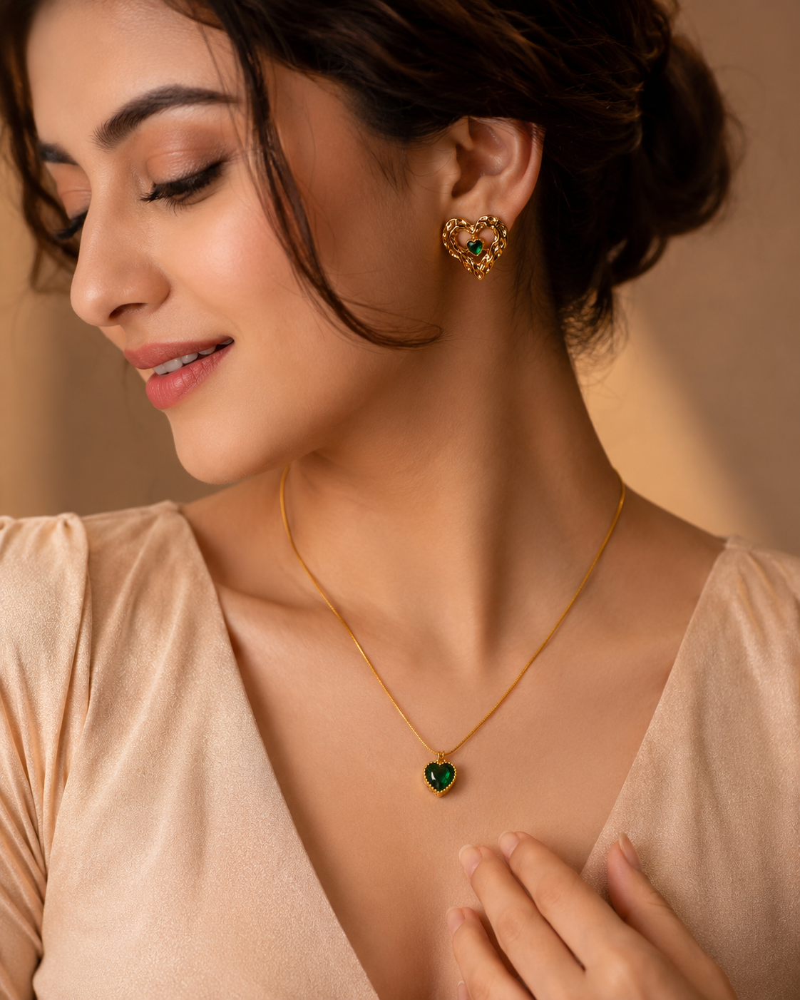 Anti Tarnish Green Heart Pendant & Earrings Combo for Women