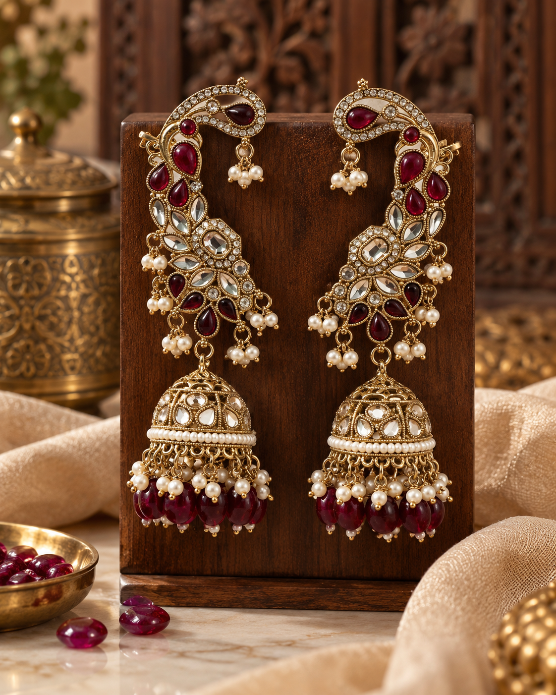 Premium Indian Ear Cuff Jhumka Earrings for Women, Heavy-Look Lightweight Festive Statement Earrings with Beads for Karwa Chauth, Diwali, Weddings & Functions