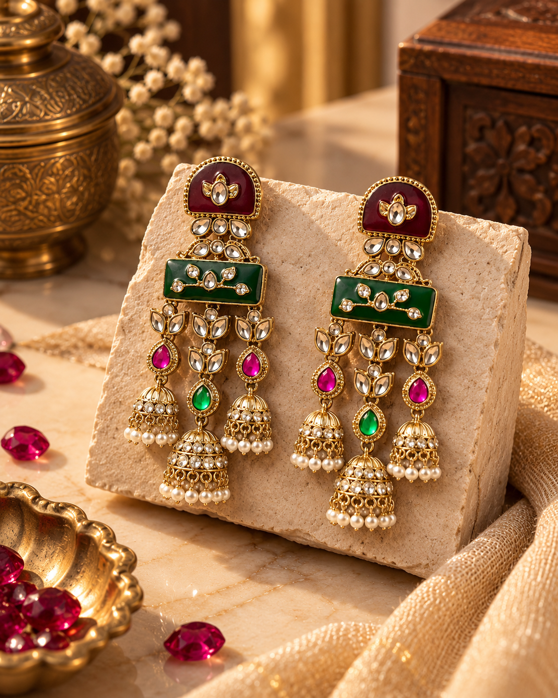 Festive Indian Earrings for Women, Traditional Kundan-Style Jhumka Drop Earrings with Red & Green Detailing, Ethnic Jewellery for Karwa Chauth, Wedding & Diwali