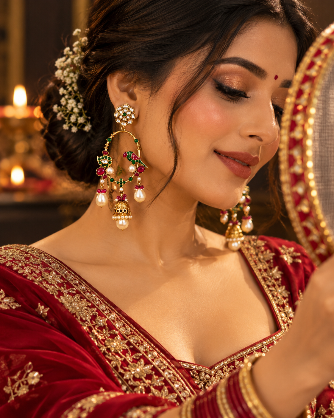 Festive Indian Earrings for Women, Lightweight Parrot Design Ethnic Earrings with Pearl Drops, Traditional Jewellery for Karwa Chauth, Diwali, Wedding & Functions