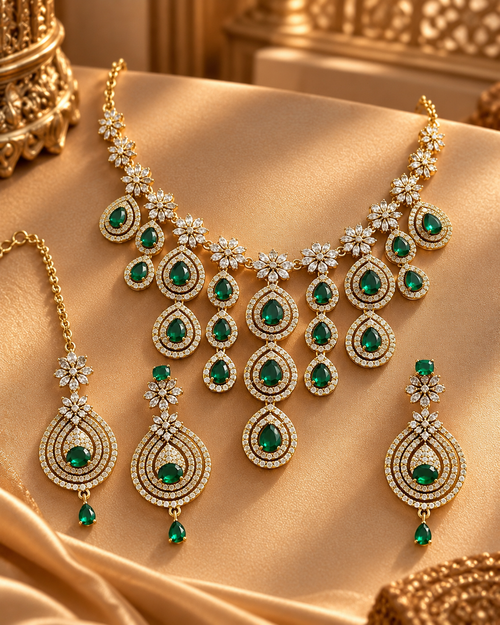 Premium AD Necklace Set for Women with Earrings & Maang Tikka, Heavy Festive Jewellery Set for Wedding, Karwa Chauth, Diwali & Party