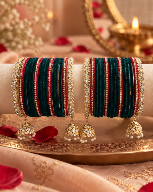 Designer Teal Green & Magenta Bangle Set for Women, Stone Studded Kangan Chooda with Gold-Tone Detailing, Bridal Wedding Jewellery for Festive Wear, Sizes 2.4 2.6 & 2.8