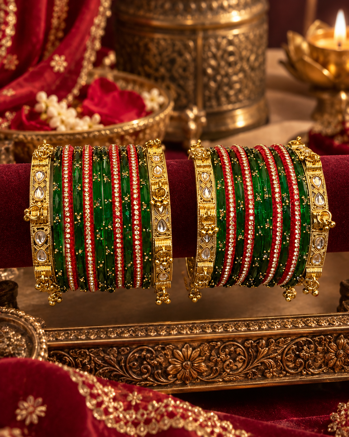 Red & Emerald Green Glass Bangle Set for Women, Designer Stone Studded Kangan Chooda, Traditional Wedding Festive Jewellery, Sizes 2.6 & 2.8