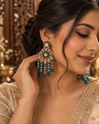 Statement Chandbali Earrings for Women, Blue Stone Ethnic Indian Jewellery with Pearl Bead Drops, Traditional Designer Earrings for Wedding, Festive & Party Wear