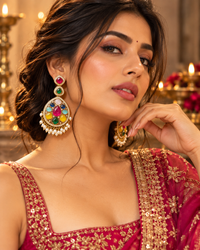 Multicolour Stone Embellished Traditional Statement Earrings for Women – Gold-Tone Ethnic Party Wear Jewellery