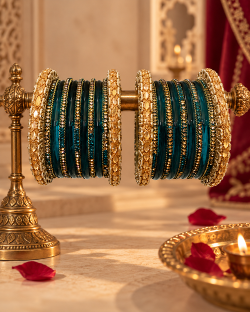 Teal Green Glass Bangles Set for Women, Designer Kangan Choodiyan with Gold-Tone Stone Work, Traditional Ethnic Jewellery for Wedding & Festive Wear, Size 2.6