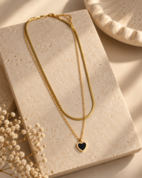 Gold Black Heart Layered Necklace for Women | Double Layer Chain with Black Heart Pendant | Trendy Minimalist Jewellery