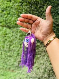 Crochet Doll Keychain with Purple Yarn Hair and Button Eyes, Cute Doll Bag Charm & Backpack Charm for Girls, Boys & Gifting