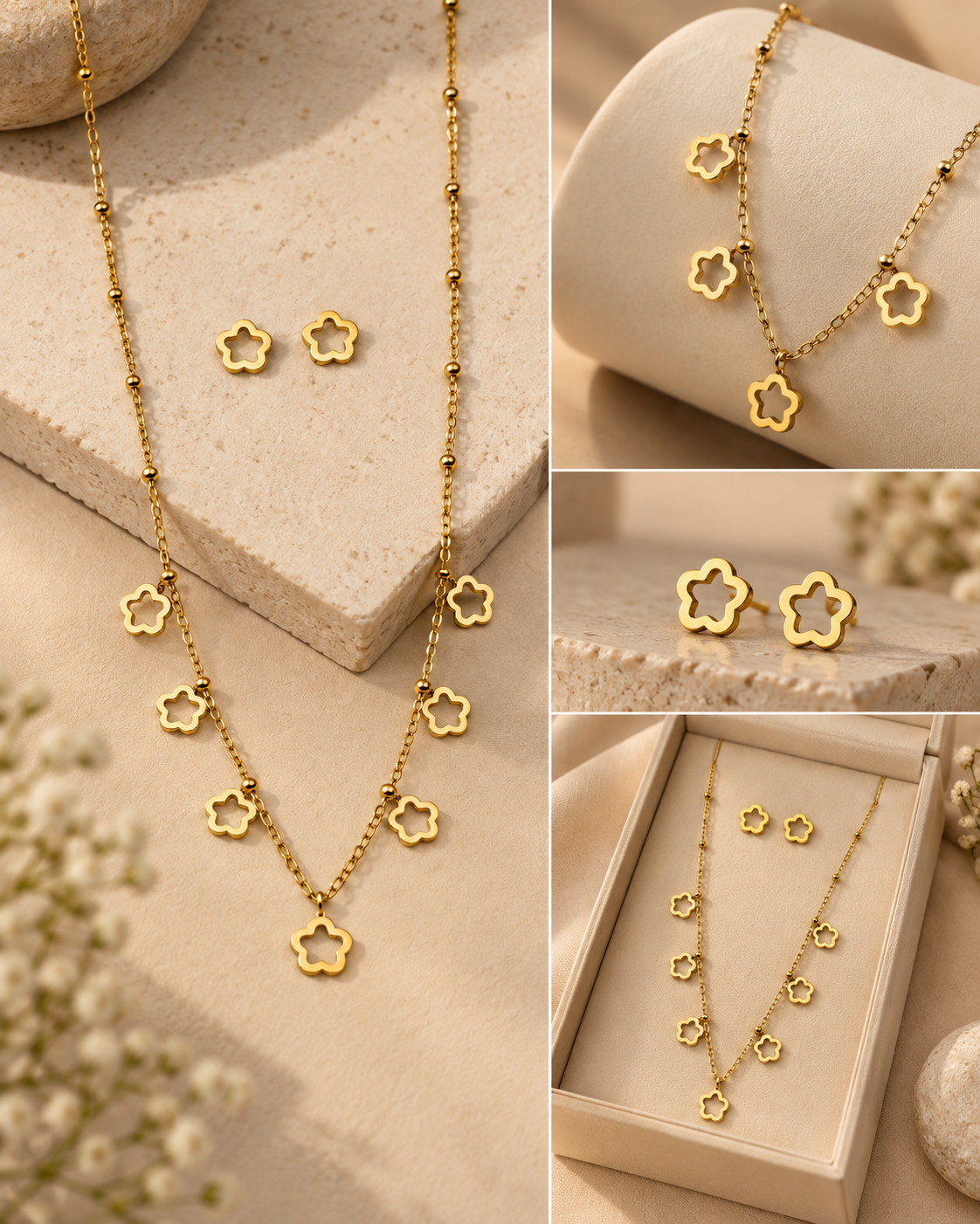 Anti-Tarnish Gold Flower Jewellery Set | Dainty Floral Necklace & Earrings Set for Women