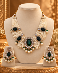 Emerald Green Necklace Set for Women with Earrings, Heavy-Look Lightweight Indian Ethnic Jewellery for Karwa Chauth, Diwali, Wedding & Festive Occasions