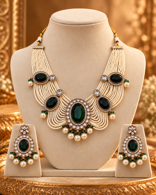 Emerald Green Necklace Set for Women with Earrings, Heavy-Look Lightweight Indian Ethnic Jewellery for Karwa Chauth, Diwali, Wedding & Festive Occasions