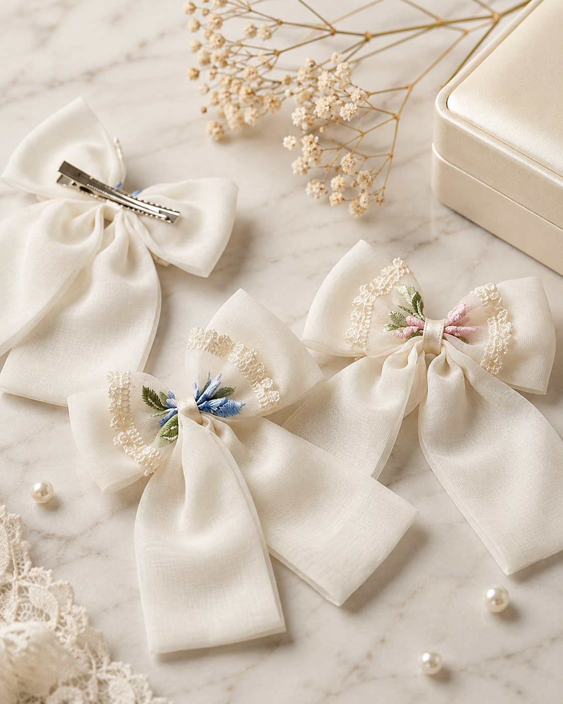 Elegant Embroidered Bow Hair Clip Combo