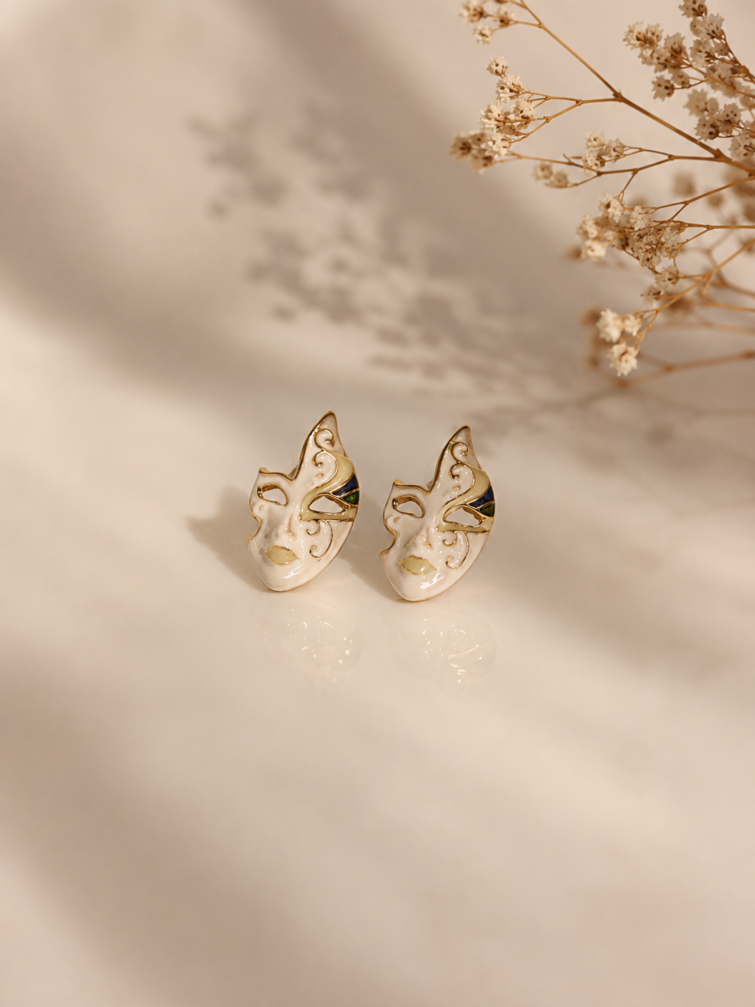 Venetian Mask Enamel Stud Earrings | Anti-Tarnish Gold Earrings | Artistic Statement Earrings for Women