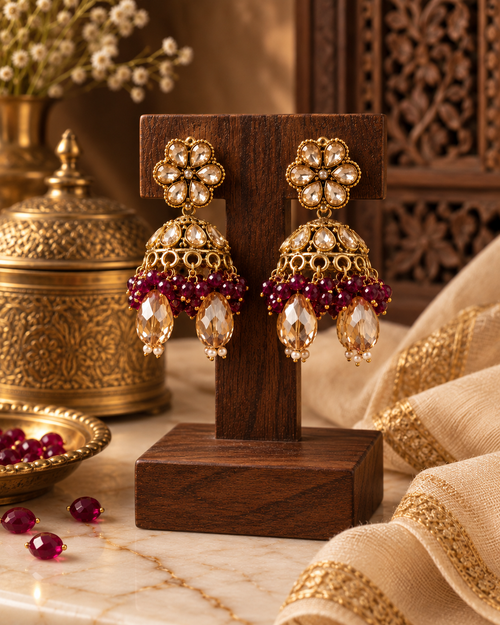 Jhumka Earrings for Women, Traditional Indian Ethnic Earrings with Maroon Beads & Crystal-Style Drops, Floral Jhumki Jewellery for Wedding, Festive & Party Wear