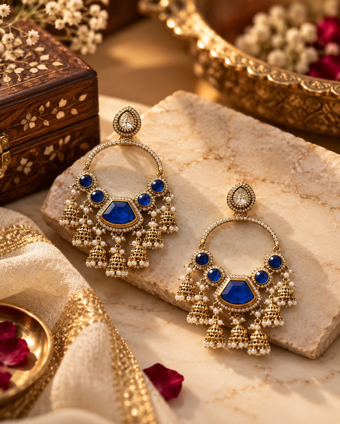 Traditional Gold-Tone Chandbali Earrings with Stone Work & Pearl Jhumki Drops