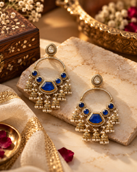 Traditional Gold-Tone Chandbali Earrings with Stone Work & Pearl Jhumki Drops