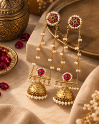 Festive Indian Jhumka Earrings for Women, Lightweight Heavy-Look Jhumkas with Beads & Kaan Chain Ear Support, Unique Ethnic Jewellery for Karwa Chauth, Diwali & Weddings