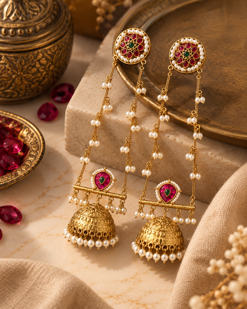Festive Indian Jhumka Earrings for Women, Lightweight Heavy-Look Jhumkas with Beads & Kaan Chain Ear Support, Unique Ethnic Jewellery for Karwa Chauth, Diwali & Weddings