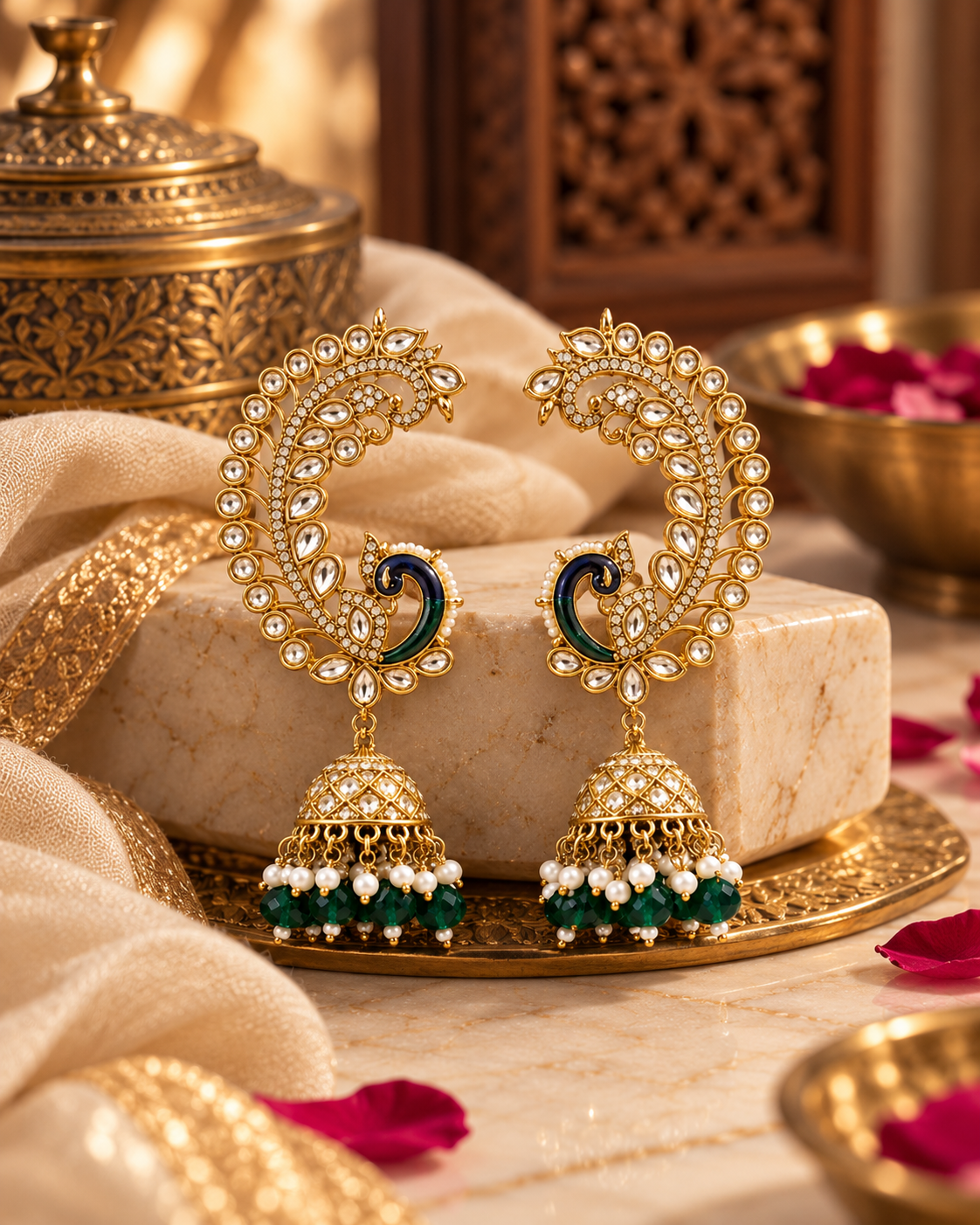 Gold-Plated Peacock Design Kundan Jhumka Earrings with Green Bead Drops