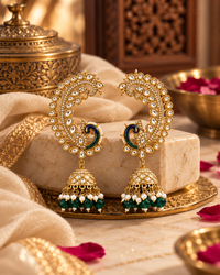 Gold-Plated Peacock Design Kundan Jhumka Earrings with Green Bead Drops