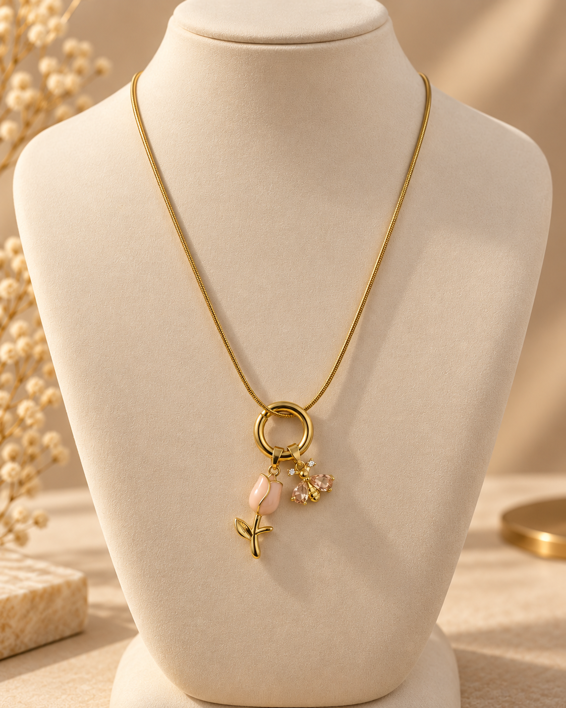Gold Floral Charm Necklace for Women | Pink Flower & Crystal Bee Pendant Necklace | Elegant Trendy Fashion Jewellery