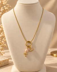 Gold Floral Charm Necklace for Women | Pink Flower & Crystal Bee Pendant Necklace | Elegant Trendy Fashion Jewellery