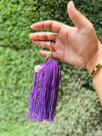 Crochet Doll Keychain with Purple Yarn Hair and Button Eyes, Cute Doll Bag Charm & Backpack Charm for Girls, Boys & Gifting