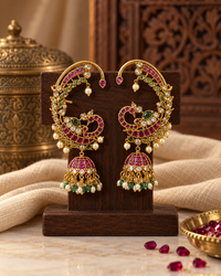 South Indian Style Ear Cuff Earrings for Women, Traditional Kundan-Inspired Jhumka Design with Pearl & Green Bead Details, Festive Ethnic Jewellery for Wedding & Celebrations