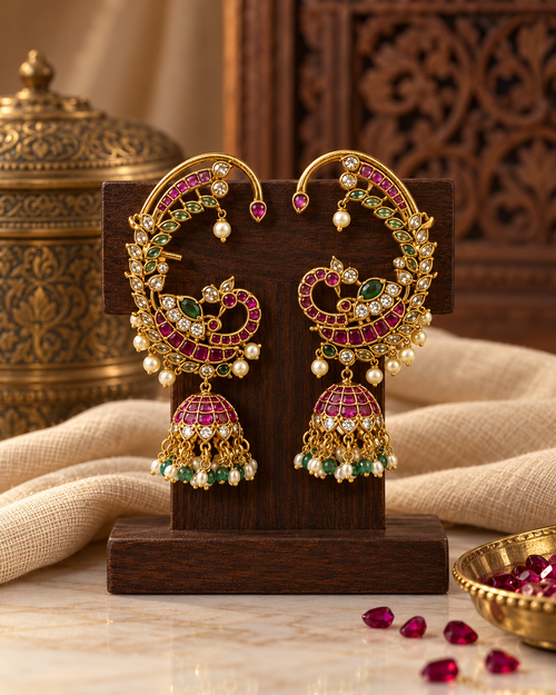 South Indian Style Ear Cuff Earrings for Women, Traditional Kundan-Inspired Jhumka Design with Pearl & Green Bead Details, Festive Ethnic Jewellery for Wedding & Celebrations