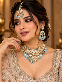 Sky Blue Stone Gold-Tone Traditional Bridal Jewellery Set for Women | Statement Necklace, Matching Earrings & Maang Tikka | Wedding, Party Wear & Festive Ethnic Jewellery
