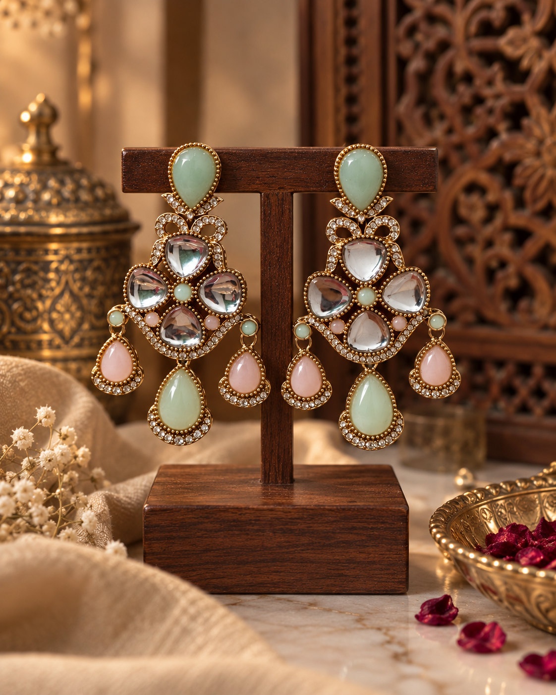 Statement Kundan-Style Drop Earrings for Women, Traditional Indian Ethnic Jewellery, Gold-Tone Designer Earrings for Festive, Wedding & Party Wear